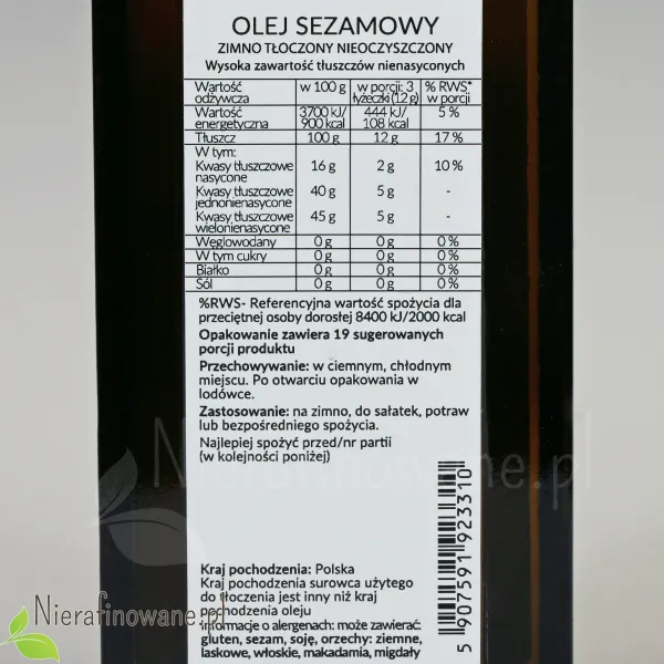 Olej Sezamowy - zimnotłoczony, nieoczyszczony Ol'Vita - 250 ml