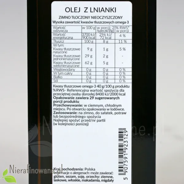 Olej Rydzowy z Lnianki - zimnotłoczony, nieoczyszczony Ol'Vita - 250 ml