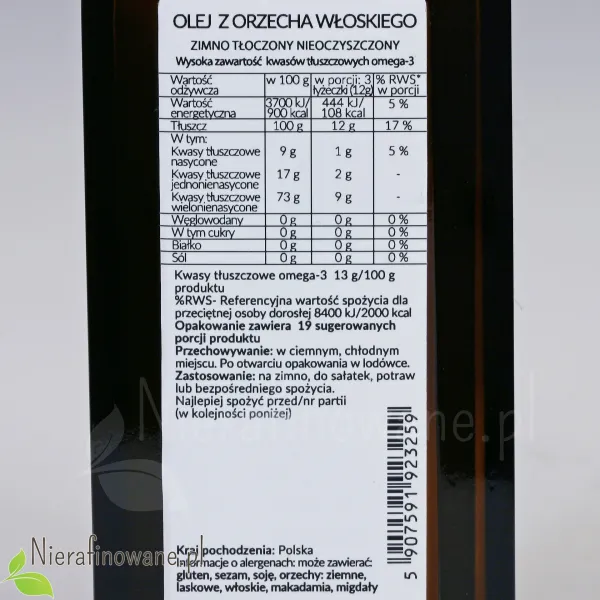 Olej z Orzecha Włoskiego - zimnotłoczony, nieoczyszczony Ol'Vita - 250 ml