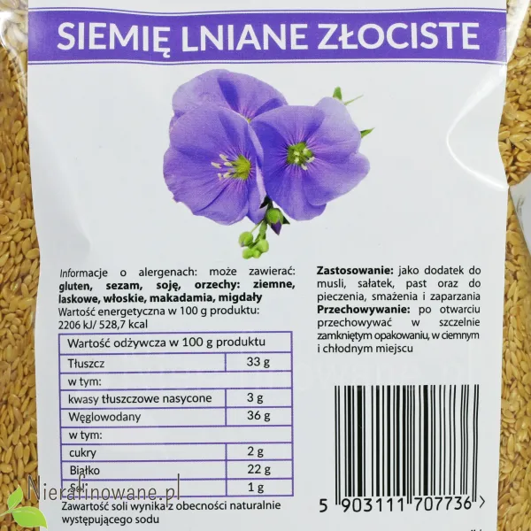 Siemię Lniane Złociste, niemielone - całe ziarna - Ol'Vita 250, 500g i 1 kg