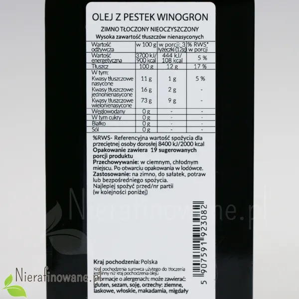 Olej z Pestek Winogron - zimnotłoczony, nieoczyszczony Ol'Vita - 250 ml